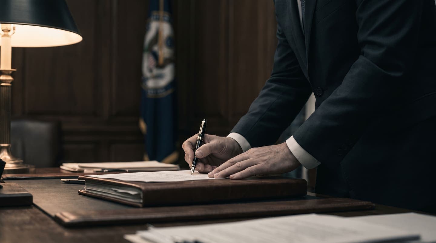 A hand signing a legal document at a lamp-lit desk in a state government office, with a state flag blurred in the background